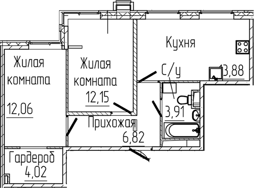 2-комнатная квартира 52.84 м², 2/8 эт., ЖК «SERTOLOVO PARK»